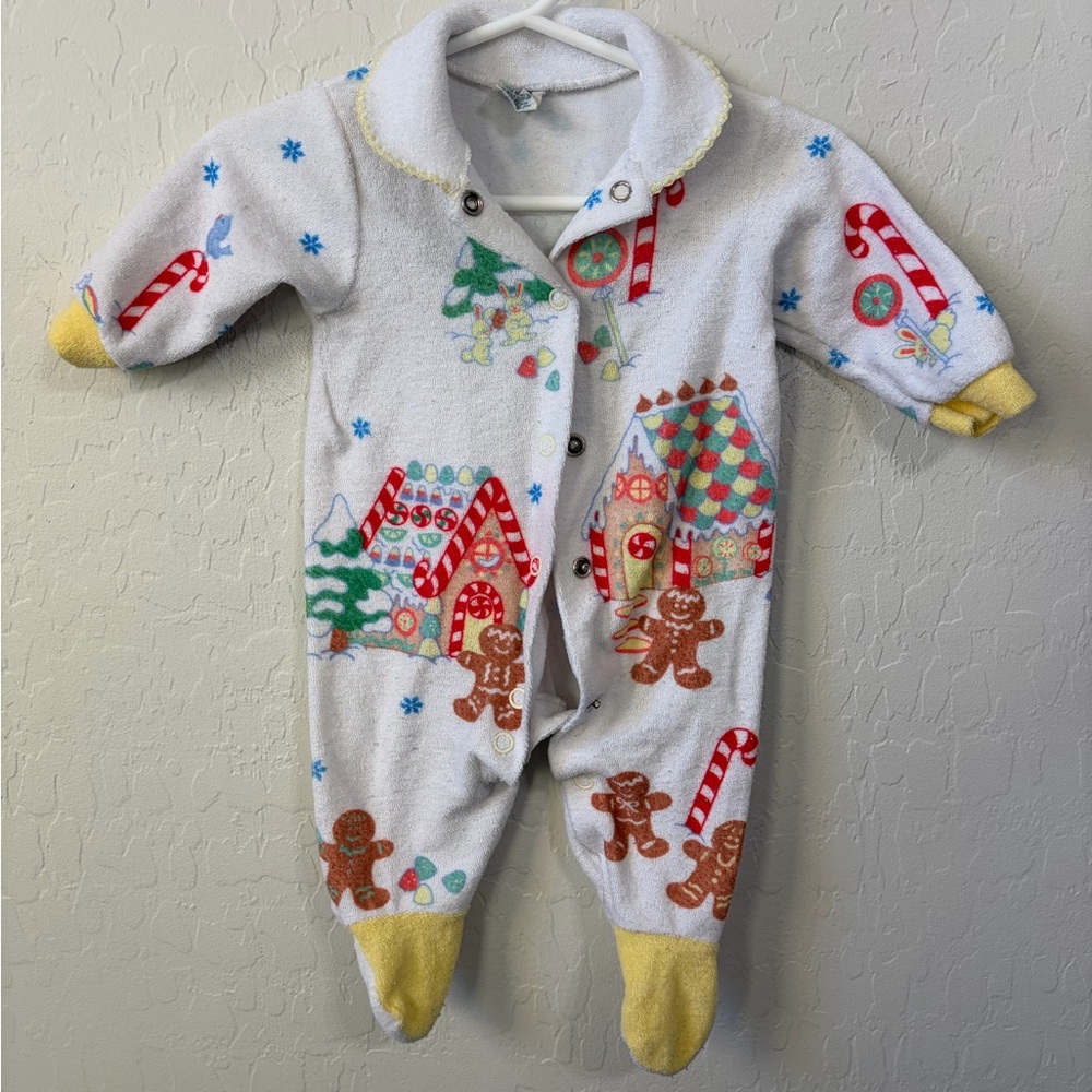 Carter's Gingerbread & Candy Print Fleece One-Piece — White with Yellow Accents